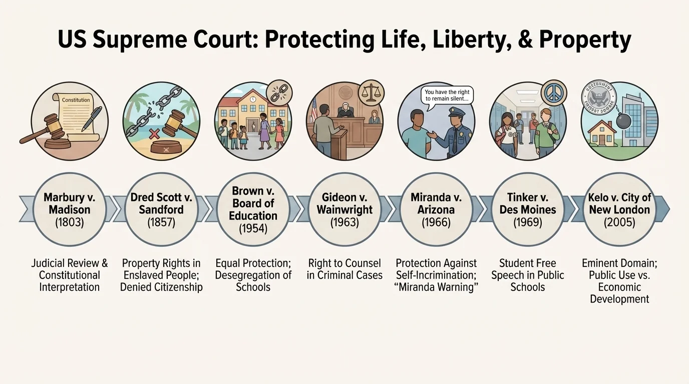 timeline of selected Supreme Court cases including Marbury v. Madison, Dred Scott v. Sandford, Brown v. Board of Education, Gideon v. Wainwright, Miranda v. Arizona, Tinker v. Des Moines, and Kelo v. City of New London with brief labels of the rights involved