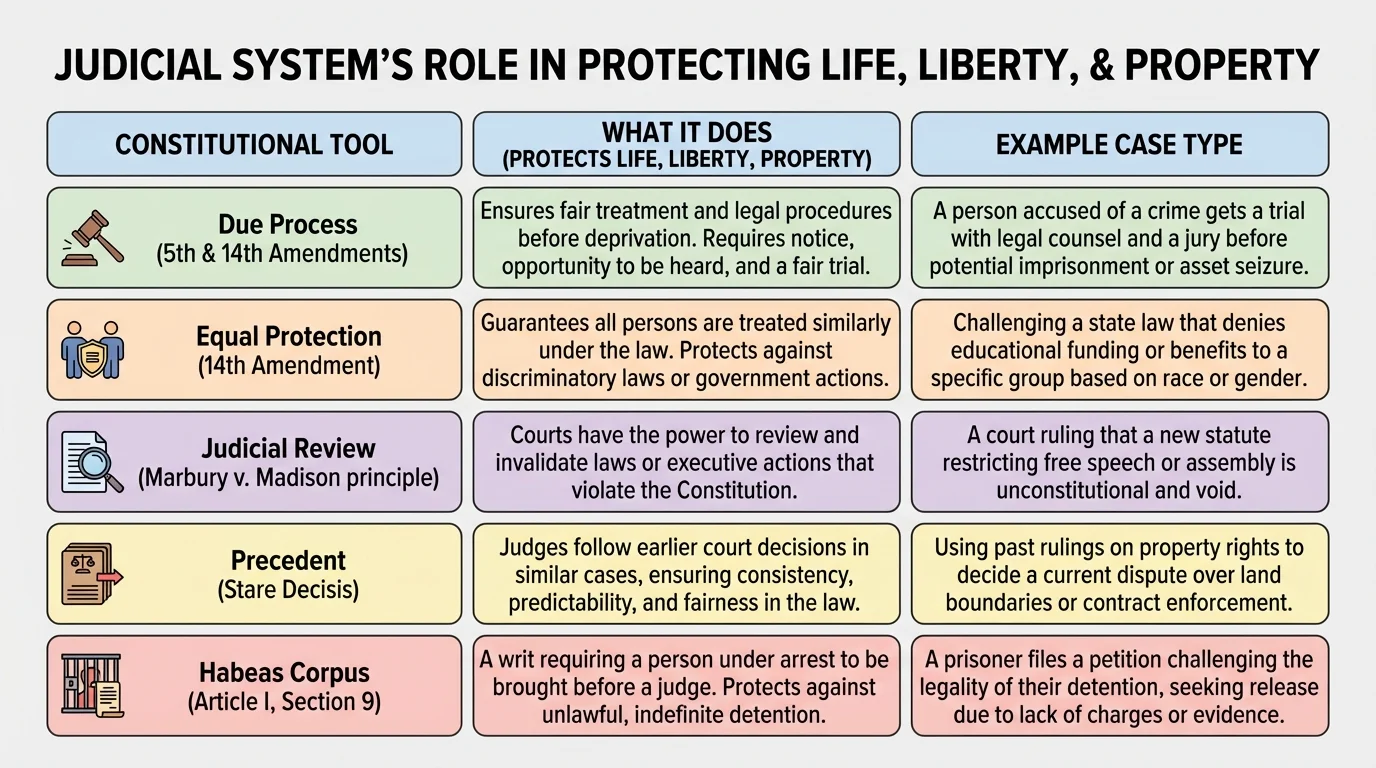 chart with columns for constitutional tool, what it does, and example case type; rows for due process, equal protection, judicial review, precedent, and habeas corpus