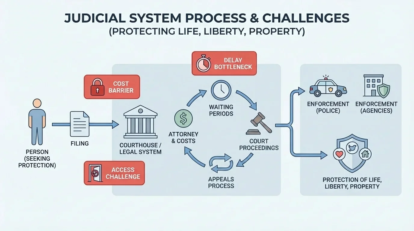 courthouse process illustration showing a person moving through filing, attorney costs, waiting periods, appeals, and final enforcement by police or agencies, with bottlenecks labeled cost, delay, and access