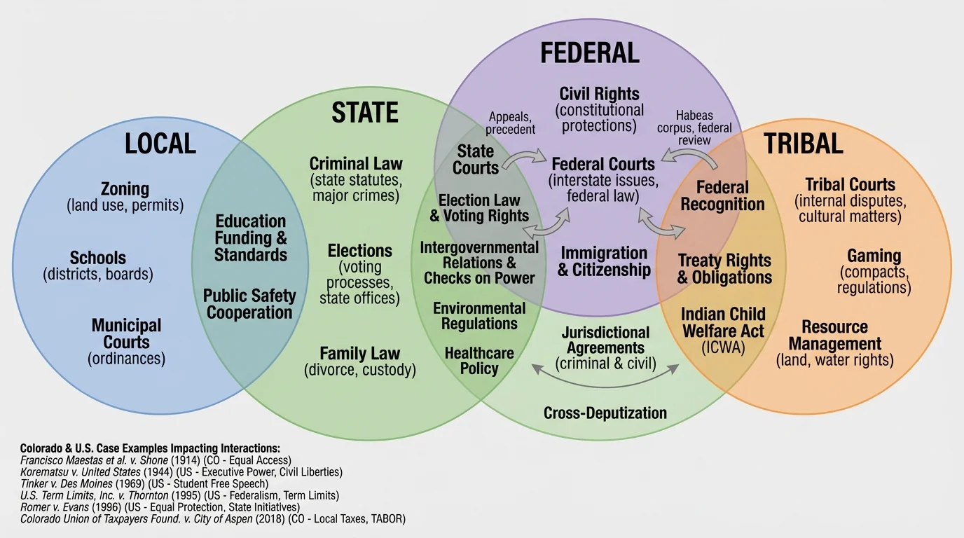 Overlapping circles labeled local, state, tribal, and federal with simple example labels such as schools, zoning, criminal law, elections, and civil rights, showing separate and overlapping authority