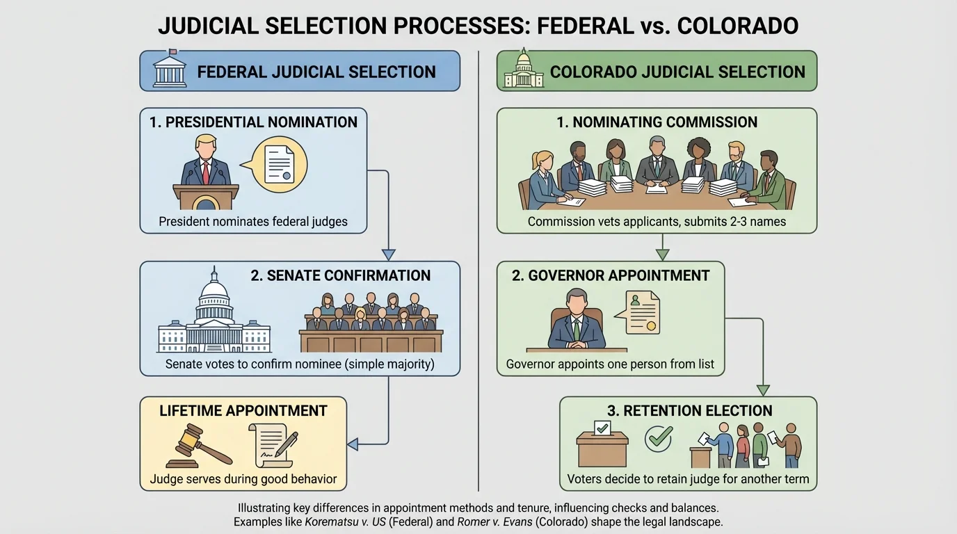 Side-by-side comparison of federal judicial selection with president nomination and Senate confirmation, and Colorado judicial selection with nominating commission, governor appointment, and retention election