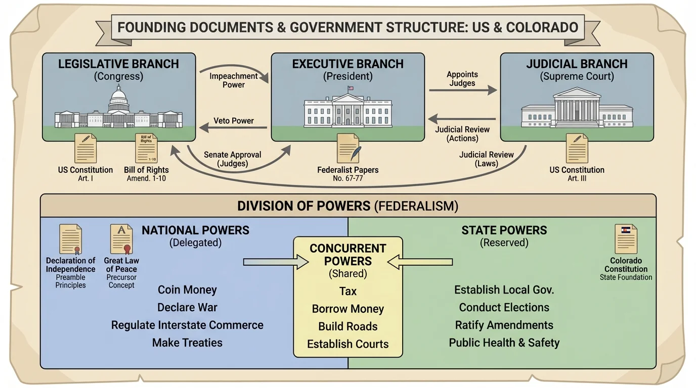 Three branches of the federal government with arrows showing checks and balances, alongside a simple split between national powers and state powers