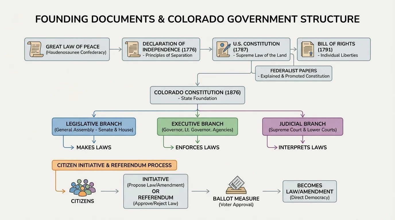 Flowchart of Colorado state government with legislature, governor, courts, and a separate path showing citizens using initiative and referendum to place measures on the ballot