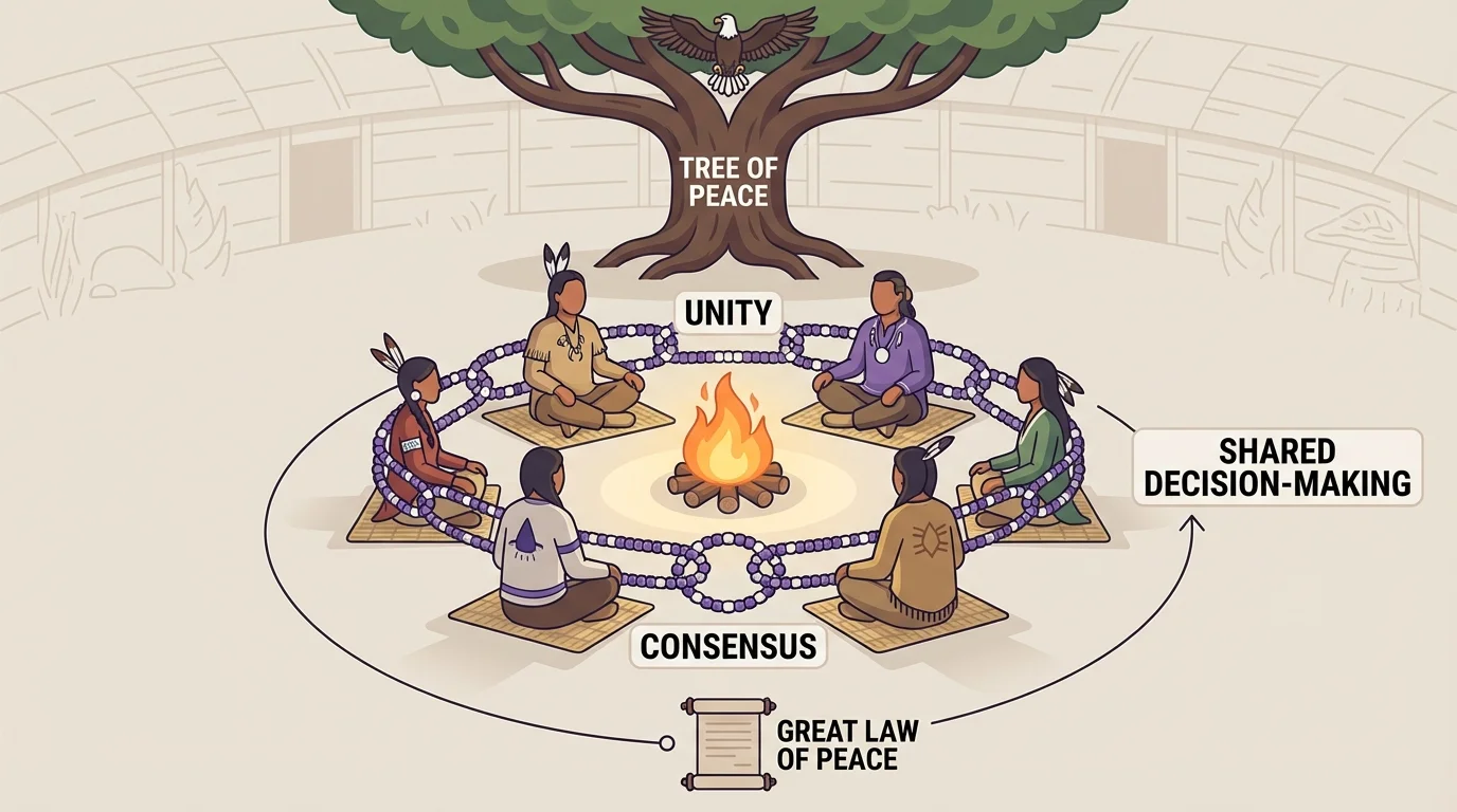 Confederacy council scene with several Haudenosaunee nations linked to a central council, simple labels for unity, consensus, and shared decision-making