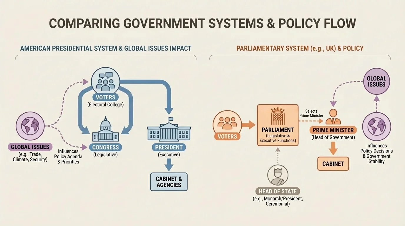 diagram showing voters electing parliament, parliament selecting the prime minister, and the prime minister leading the cabinet