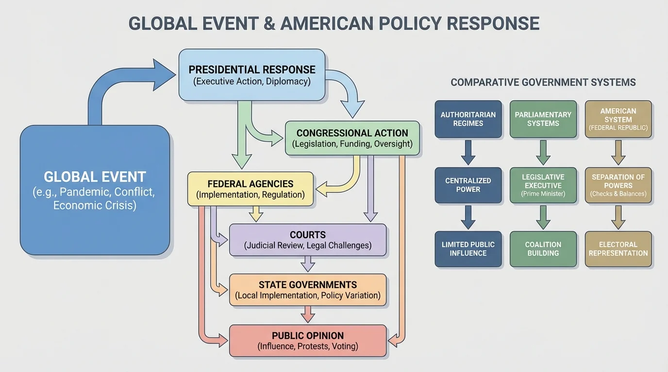 flowchart showing a global event leading to presidential response, congressional action, federal agencies, courts, state governments, and public opinion