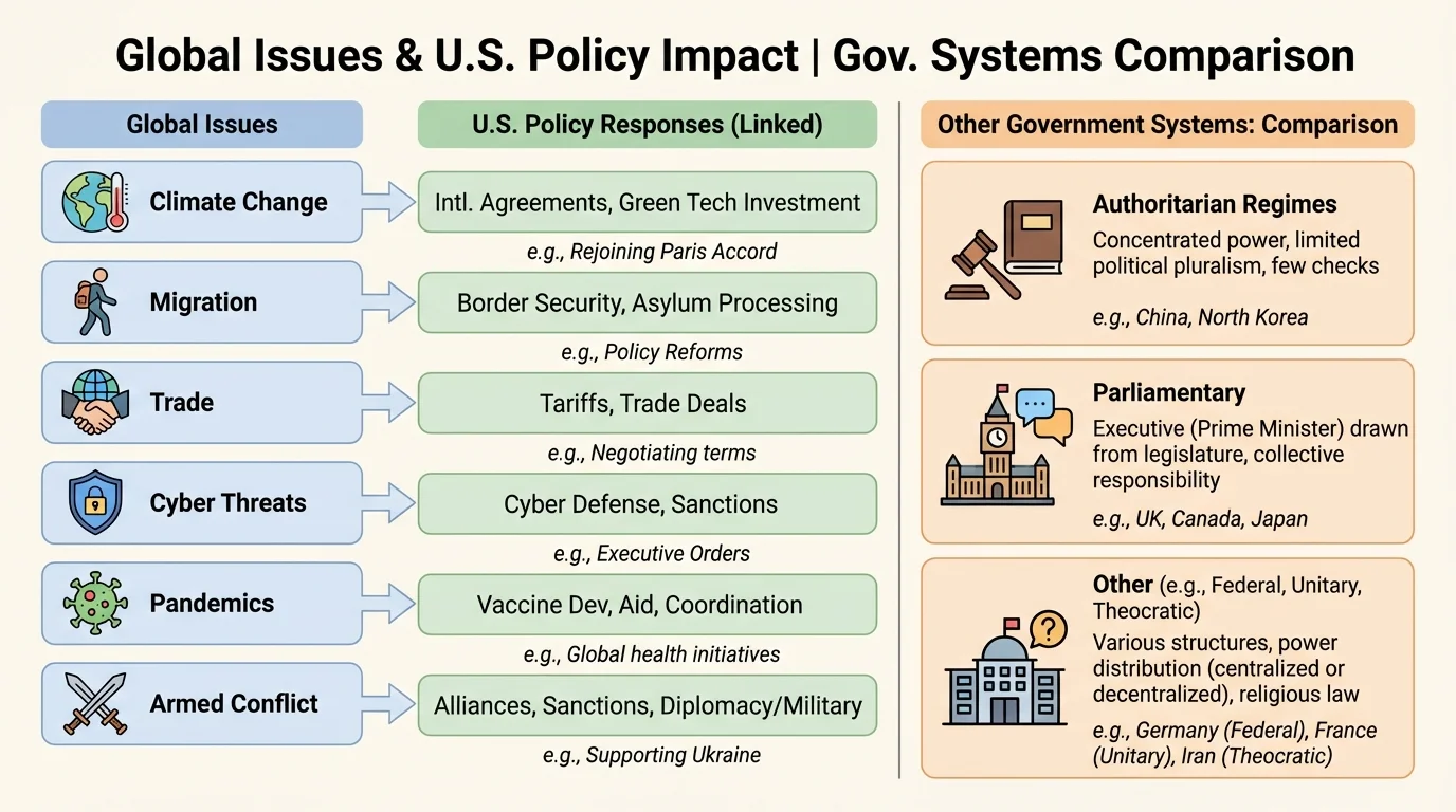 comparison chart showing global issues in one column and linked U.S. policy responses in another, including climate change, migration, trade, cyber threats, pandemics, and armed conflict