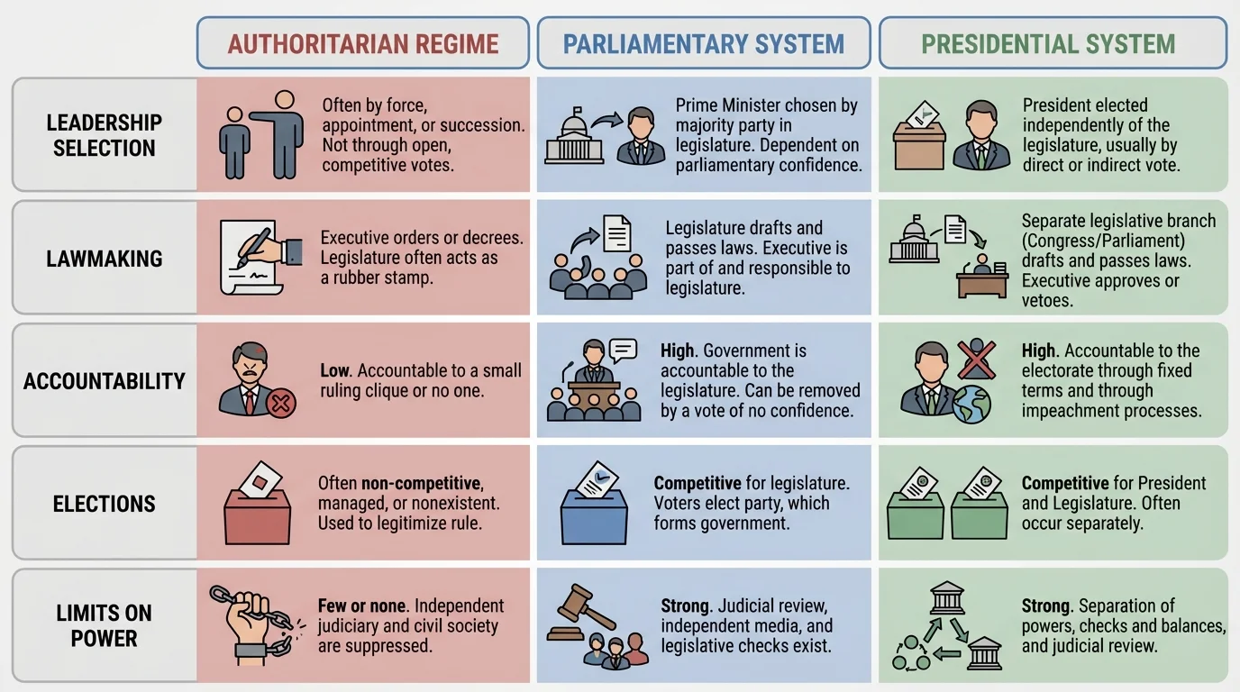 comparison chart with columns for authoritarian, parliamentary, and presidential systems, and rows for leadership selection, lawmaking, accountability, elections, and limits on power