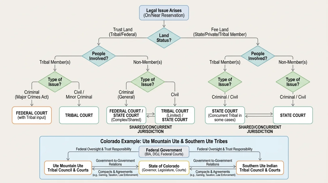 flowchart for a legal issue on or near reservation land asking land status, people involved, type of issue, and directing to tribal, state, federal, or shared response