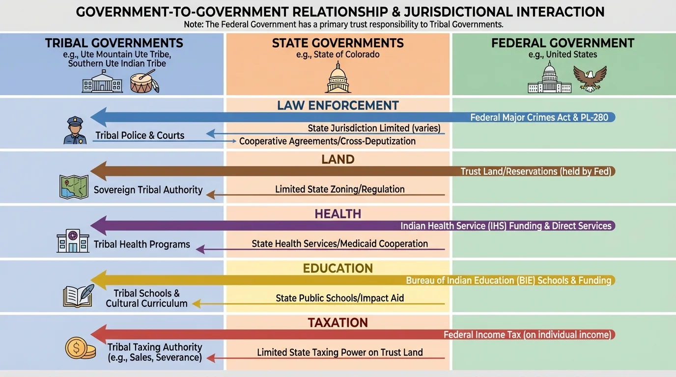 three-column civic diagram comparing tribal, state, and federal governments with arrows showing interaction in law enforcement, land, health, education, and taxation