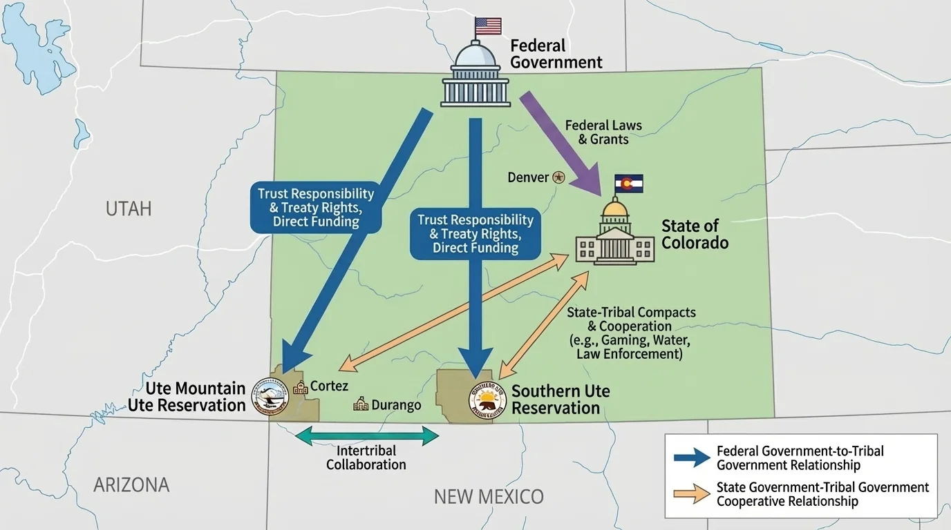 map of Colorado and nearby states highlighting the Ute Mountain Ute reservation, the Southern Ute reservation, and nearby communities in southwestern Colorado