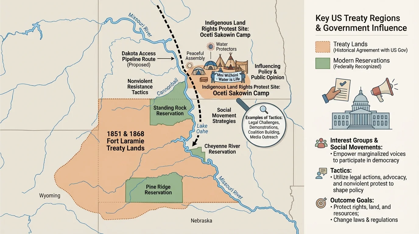 Map highlighting Standing Rock in North Dakota, key U.S. treaty regions, and a labeled example of an Indigenous land rights protest site