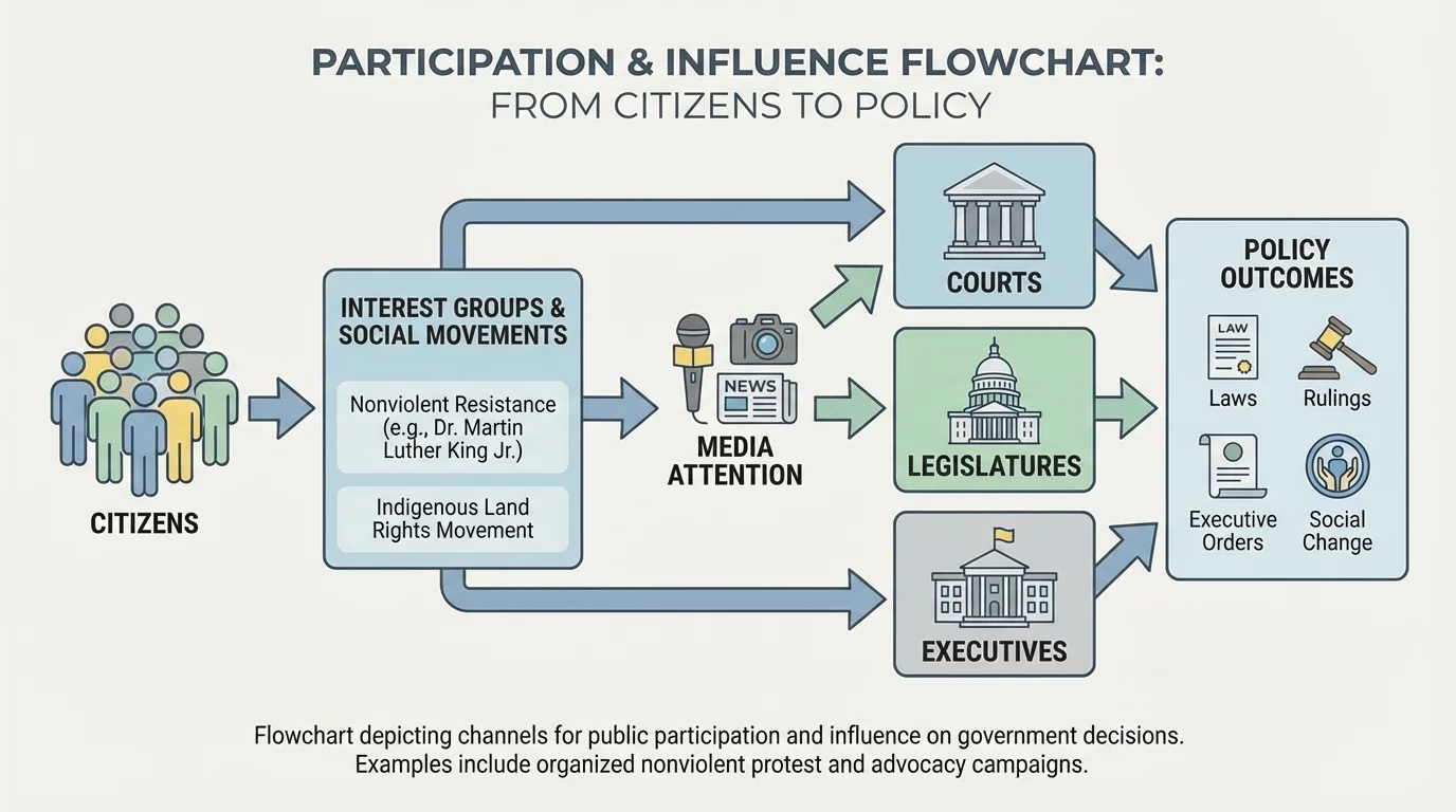 Flowchart showing citizens, groups, media attention, courts, legislatures, executives, and policy outcomes connected by arrows