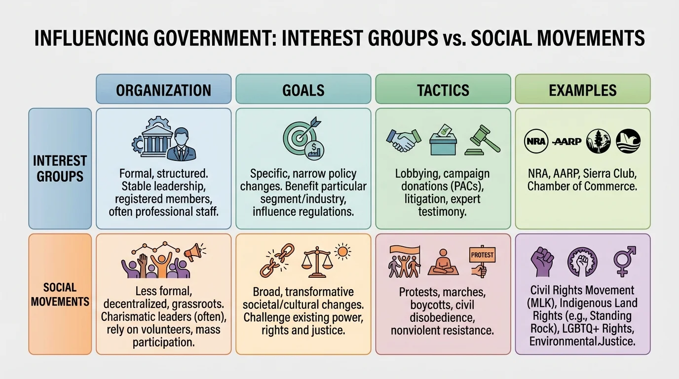 Comparison chart showing interest groups and social movements with columns for organization, goals, tactics, and examples