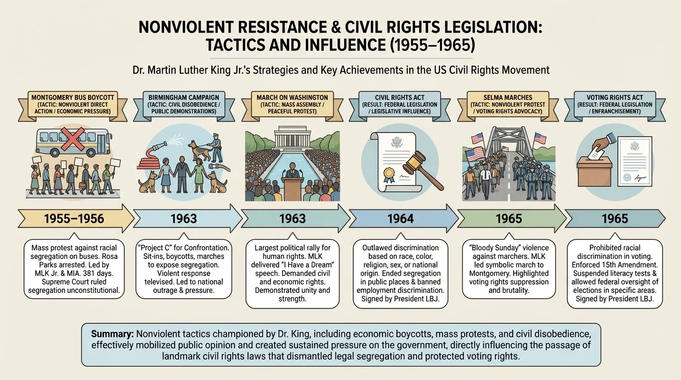 Timeline with Montgomery Bus Boycott, Birmingham Campaign, March on Washington, Civil Rights Act, Selma marches, and Voting Rights Act