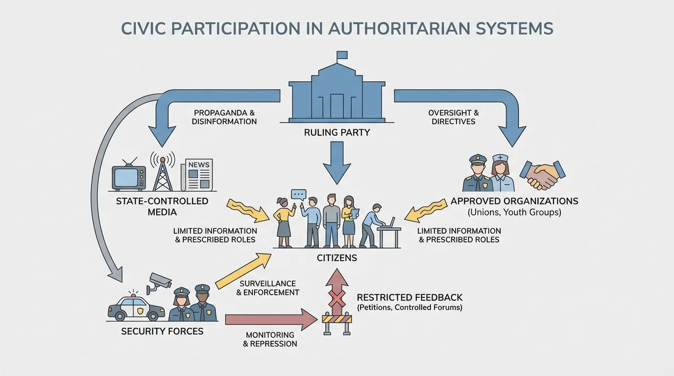 diagram showing citizens, state-controlled media, approved organizations, ruling party, security forces, and restricted feedback to government