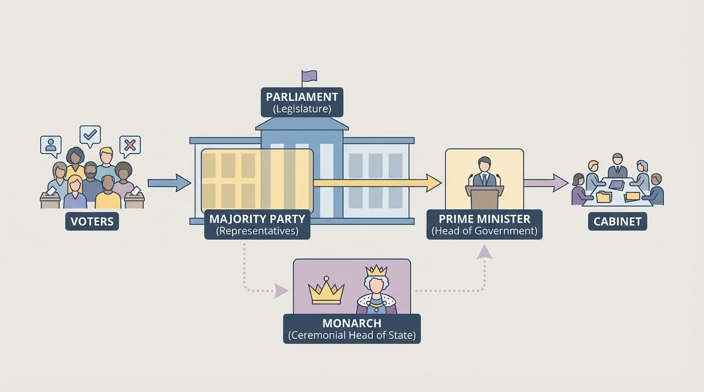 flowchart showing voters electing representatives to parliament, majority party choosing a prime minister, cabinet formation, and the ceremonial role of a monarch