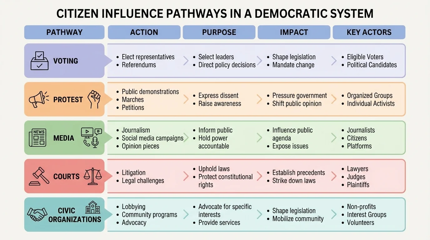 chart comparing voting, protest, media, courts, and civic organizations as pathways citizens use to influence policy in a democratic system