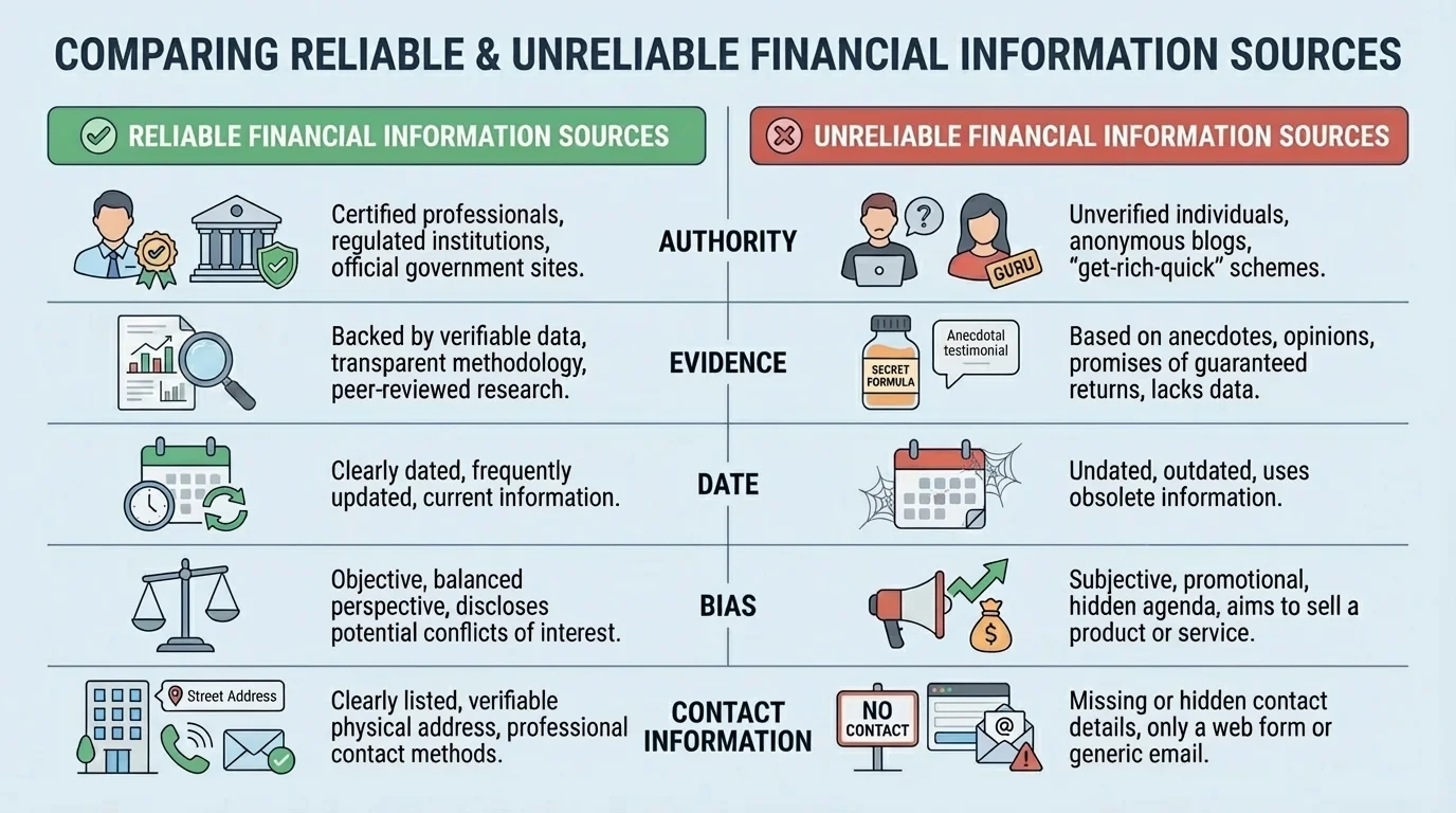 chart comparing reliable and unreliable financial information sources by authority, evidence, date, bias, and contact information