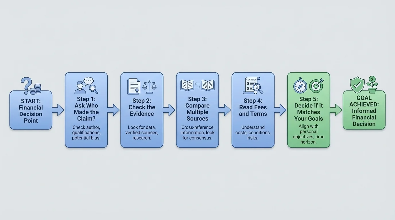 flowchart showing steps ask who made the claim, check evidence, compare sources, read fees and terms, decide if it matches goals