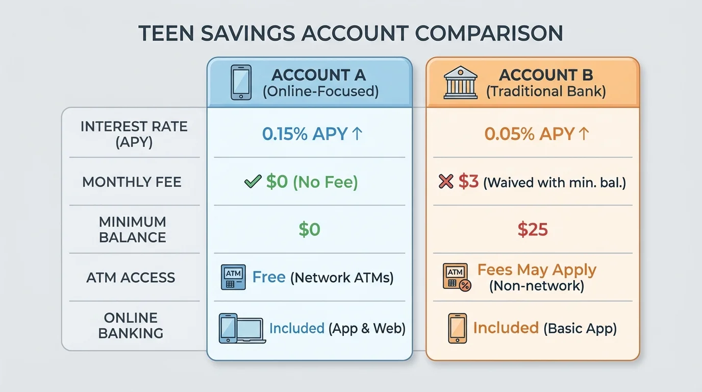 chart comparing two teen savings accounts with interest rate, monthly fee, minimum balance, ATM access, and online banking