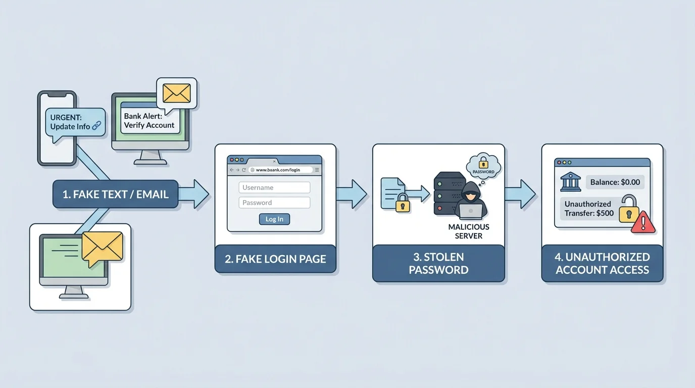 Flowchart of a phishing attack showing fake text or email, fake login page, stolen password, and unauthorized account access