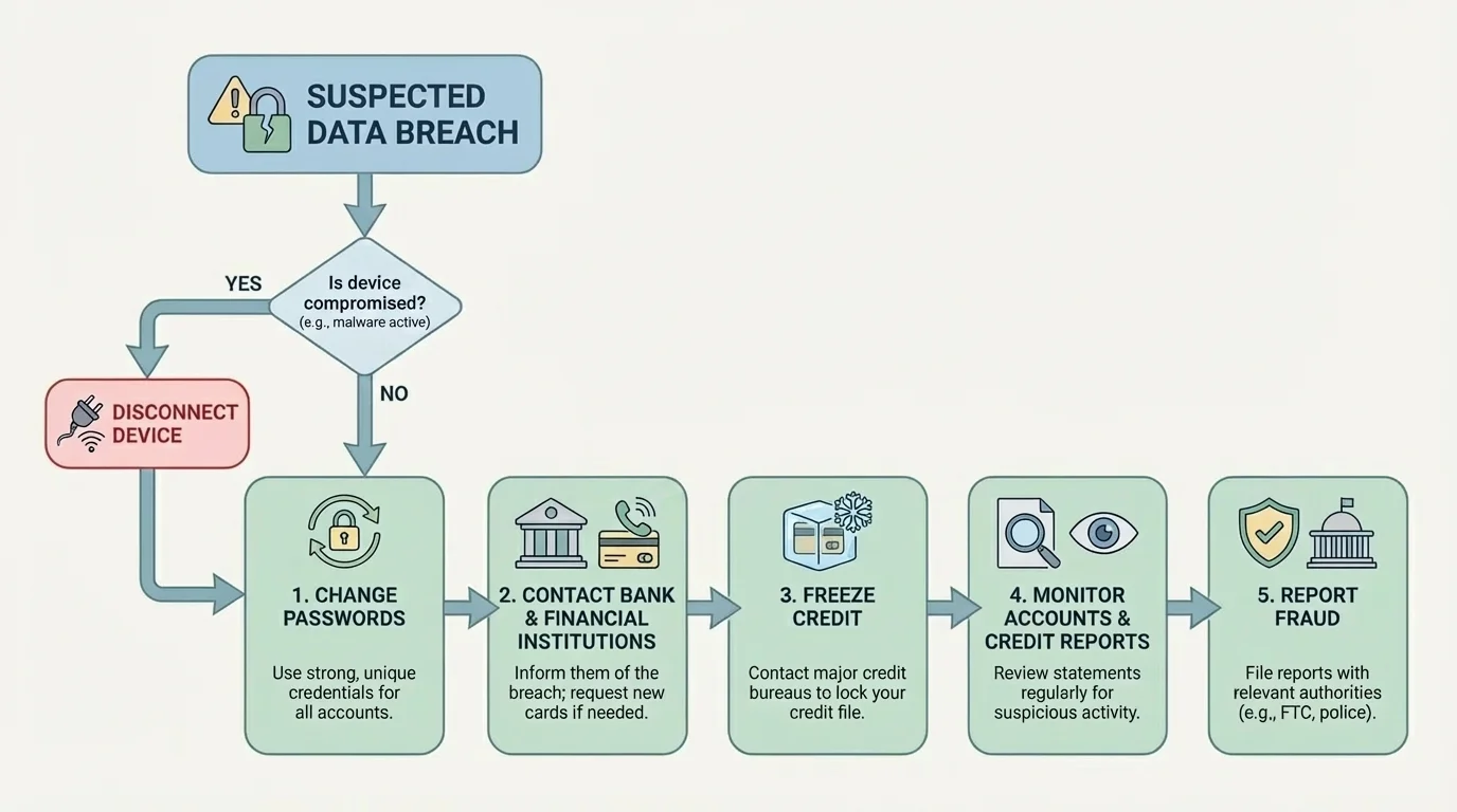 Flowchart showing steps after a suspected data breach: disconnect if needed, change passwords, contact bank, freeze credit, monitor accounts, report fraud