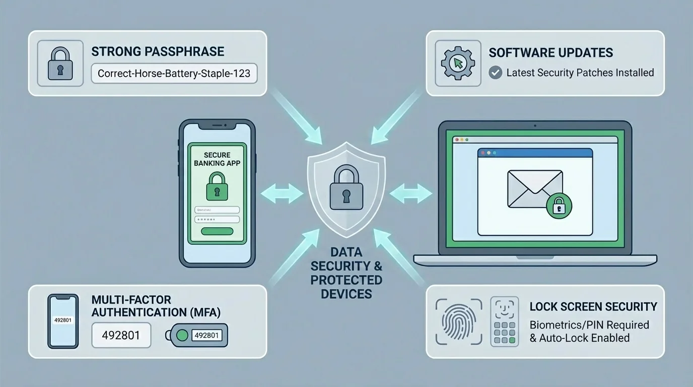 Diagram of a smartphone and laptop protected by passphrase, multi-factor authentication, software updates, and lock screen security