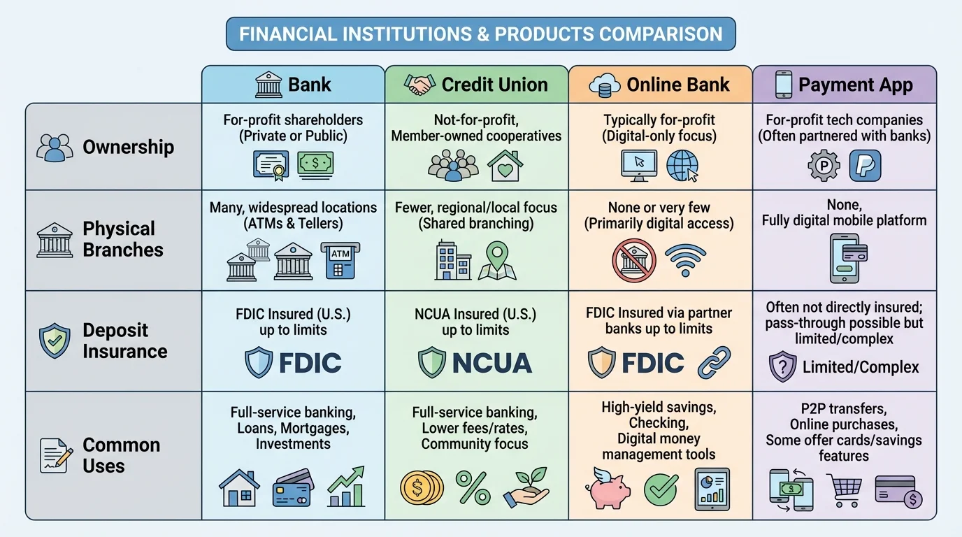 chart comparing bank, credit union, online bank, and payment app across ownership, branches, insurance, and common uses