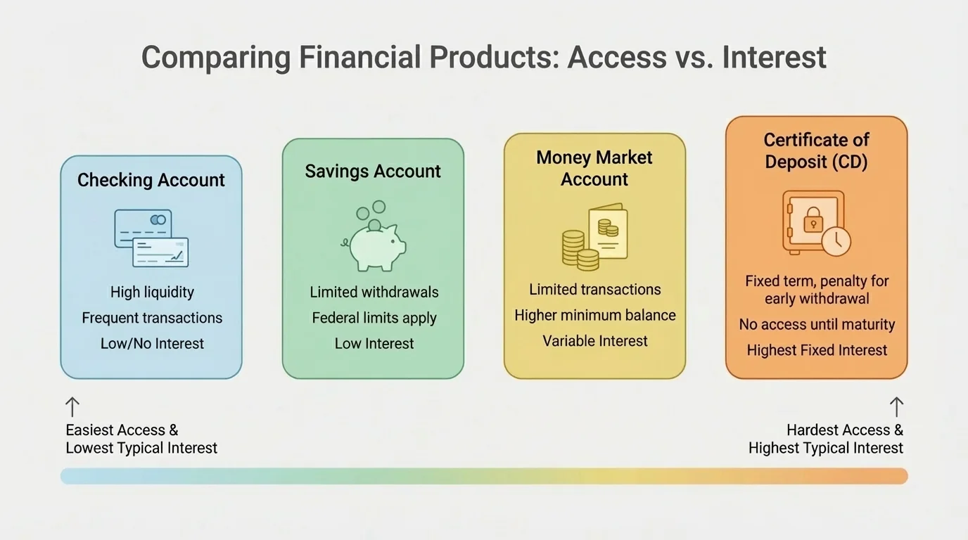 chart showing checking, savings, money market account, and certificate of deposit on a scale from easiest access to highest typical interest