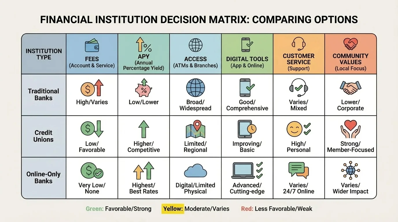 decision matrix with criteria such as fees, APY, access, digital tools, customer service, and community values for choosing a financial institution