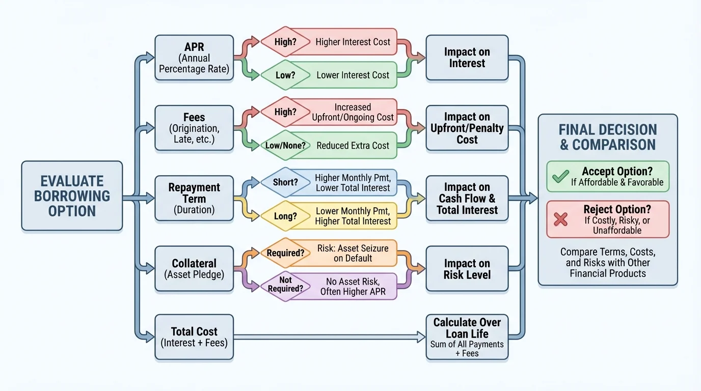 flowchart for evaluating a borrowing option using APR, fees, repayment term, collateral, and total cost