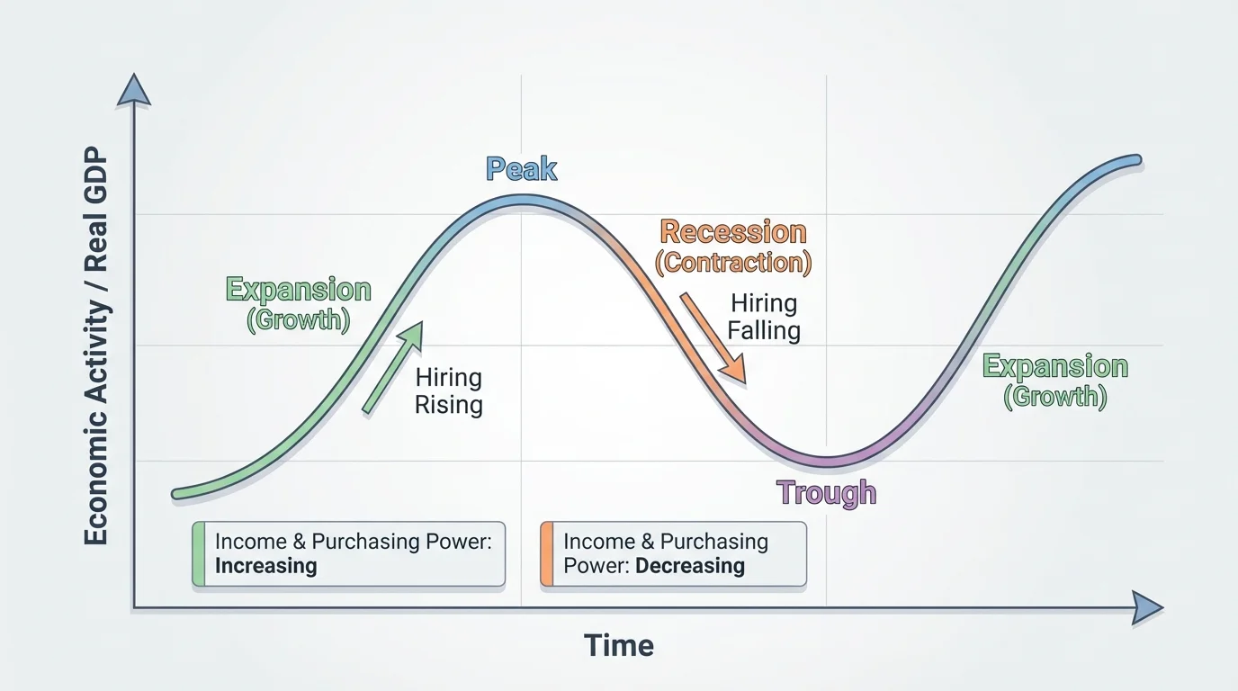 Line graph of a business cycle with labels for expansion, peak, recession, trough, and notes showing hiring rising and falling