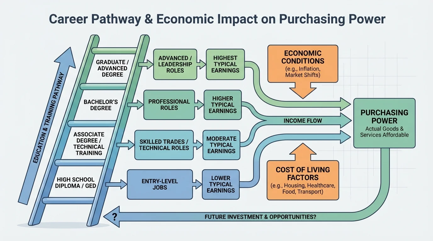 Career pathway ladder showing increasing education or training levels linked to wider job options and higher typical earnings