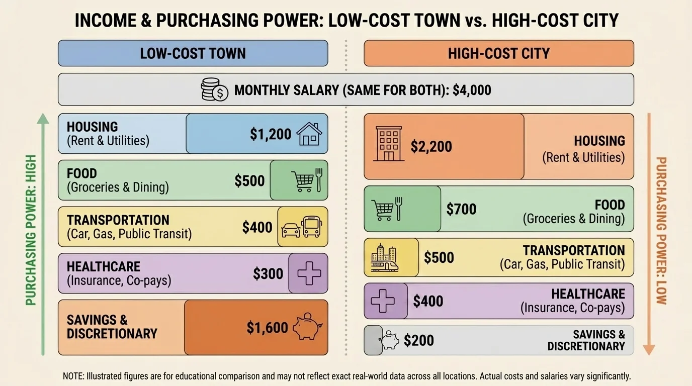 Side-by-side chart comparing monthly housing, food, transportation, healthcare, and savings for the same salary in a low-cost town and high-cost city