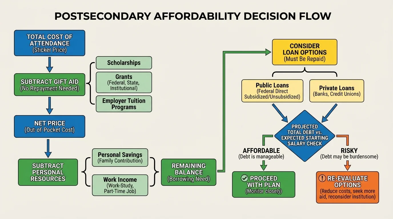 affordability decision flow asking net price, available savings, gift aid, work income, borrowing need, and whether projected debt matches expected starting salary