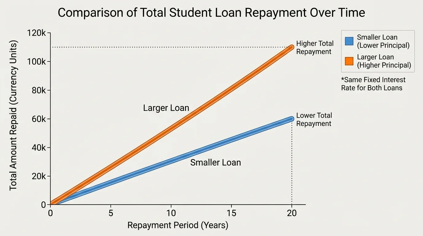 line graph comparing total amount repaid over time for a smaller student loan and a larger student loan at the same fixed interest rate