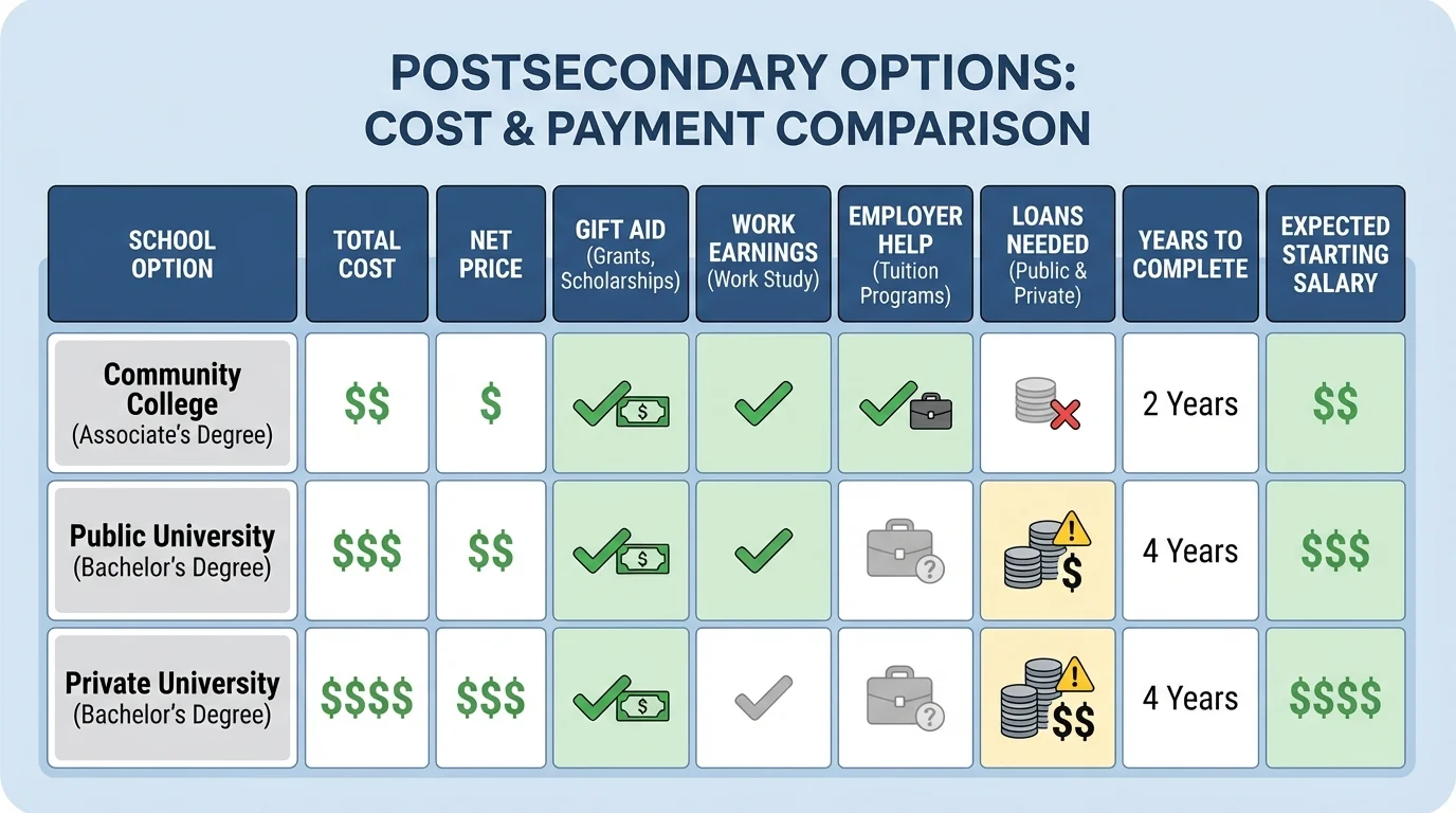 comparison checklist table with columns for school option, total cost, net price, gift aid, work earnings, employer help, loans needed, years to complete, and expected starting salary