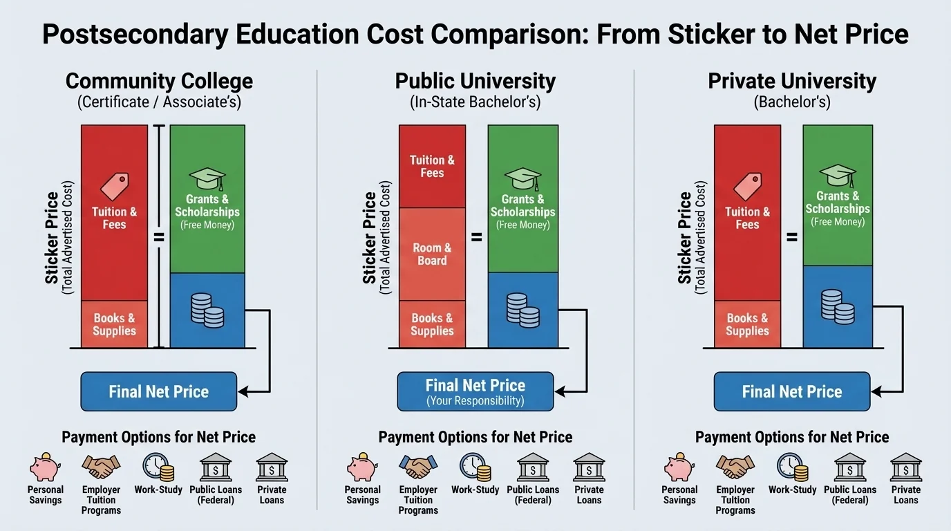 side-by-side cost comparison for three postsecondary options showing sticker price, grants and scholarships, and final net price with simple labeled bars