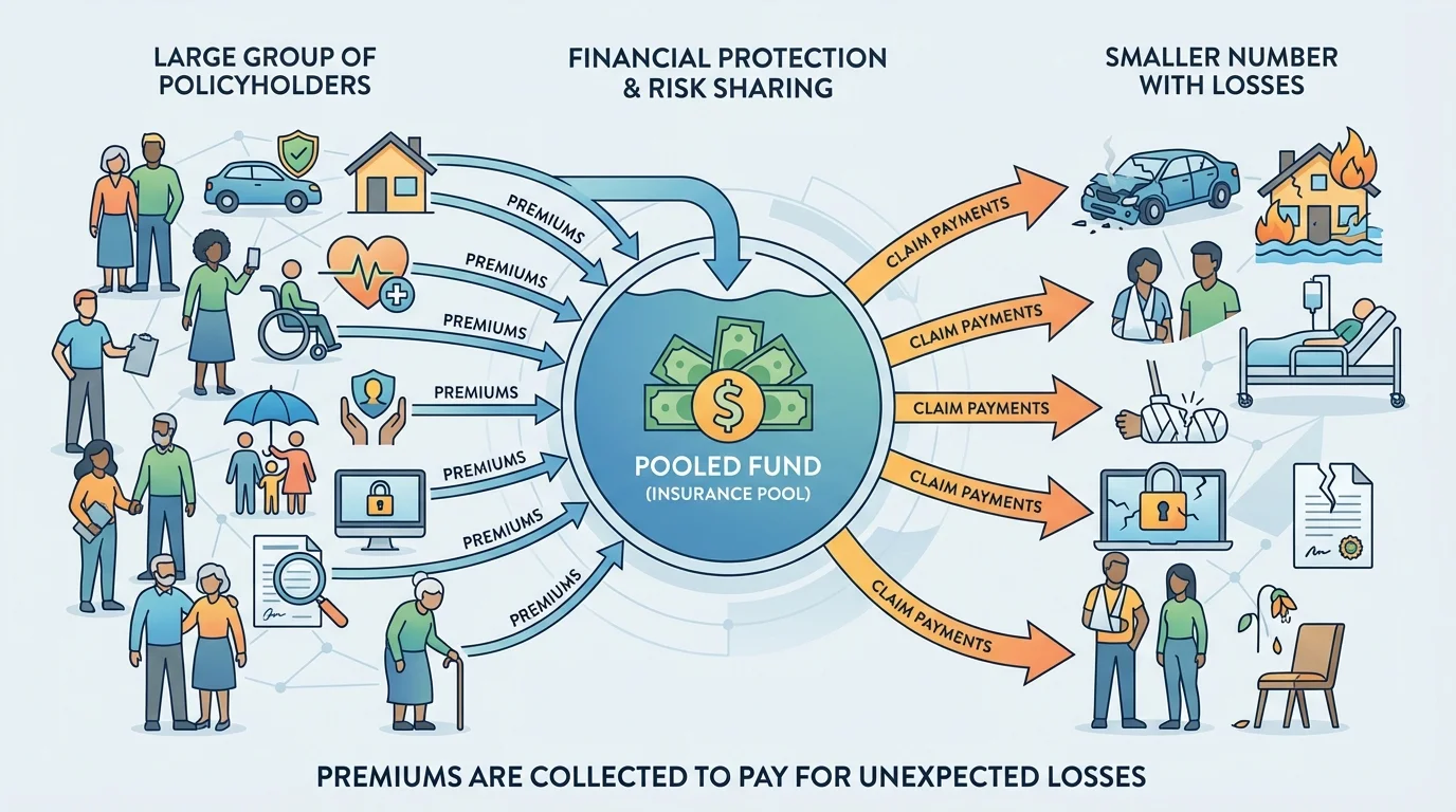 chart showing a large group of policyholders paying premiums into one pooled fund and a smaller number receiving claim payments for losses