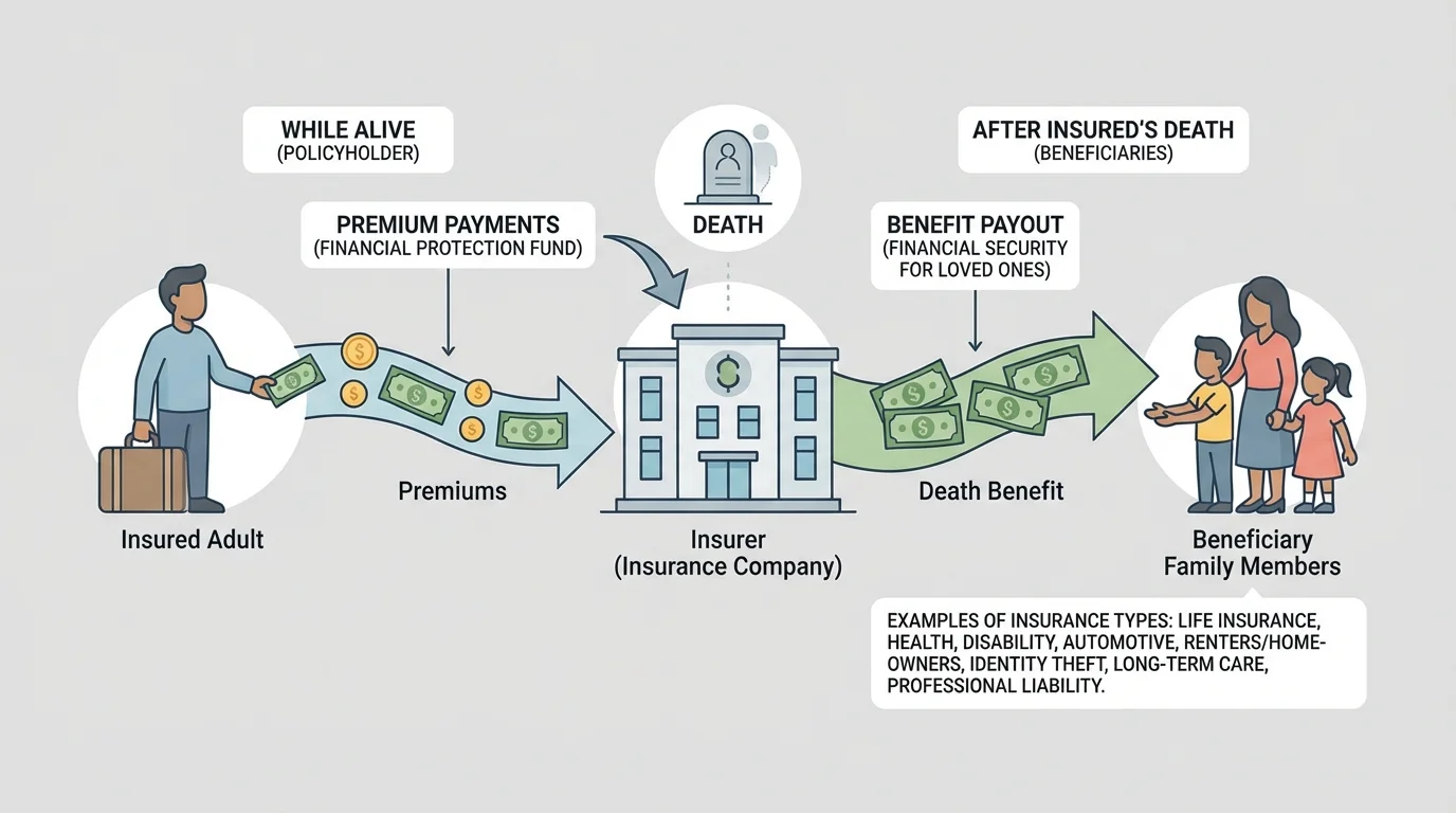 illustration of an insured adult paying premiums to an insurer and beneficiary family members receiving a death benefit after the insured person's death