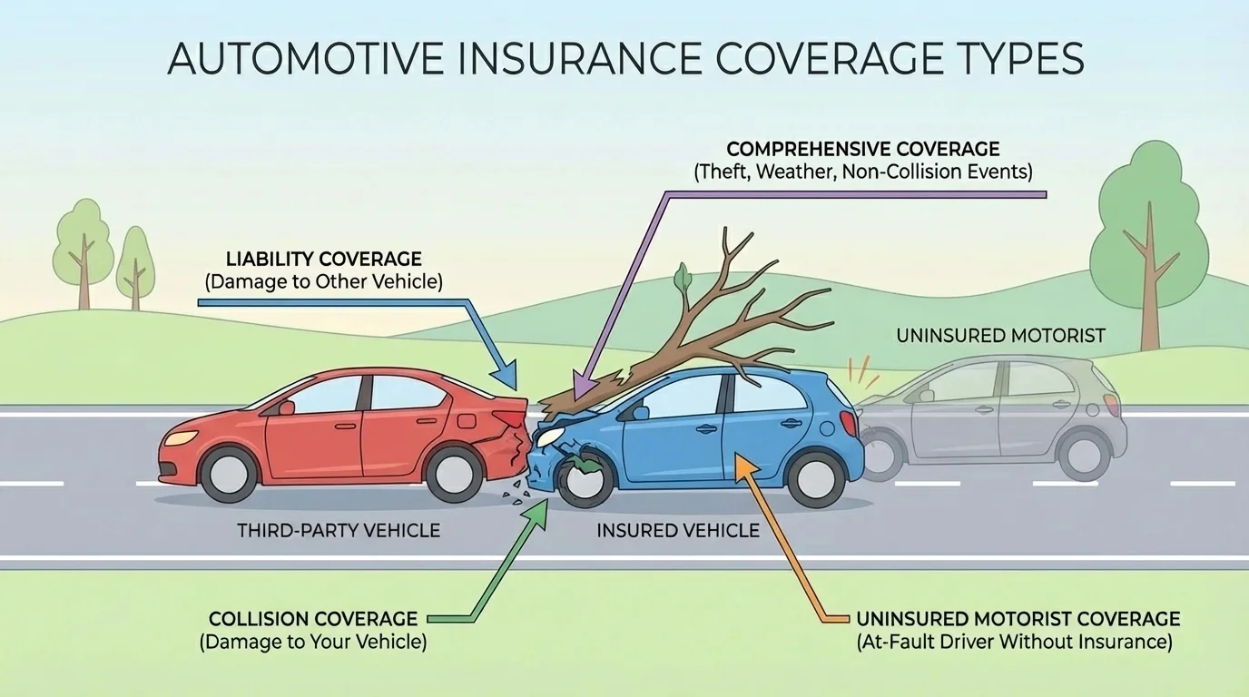 diagram of a car accident scene labeled to show liability covering damage to the other car, collision covering damage to the insured car, comprehensive for theft/weather, and uninsured motorist for an uninsured at-fault driver