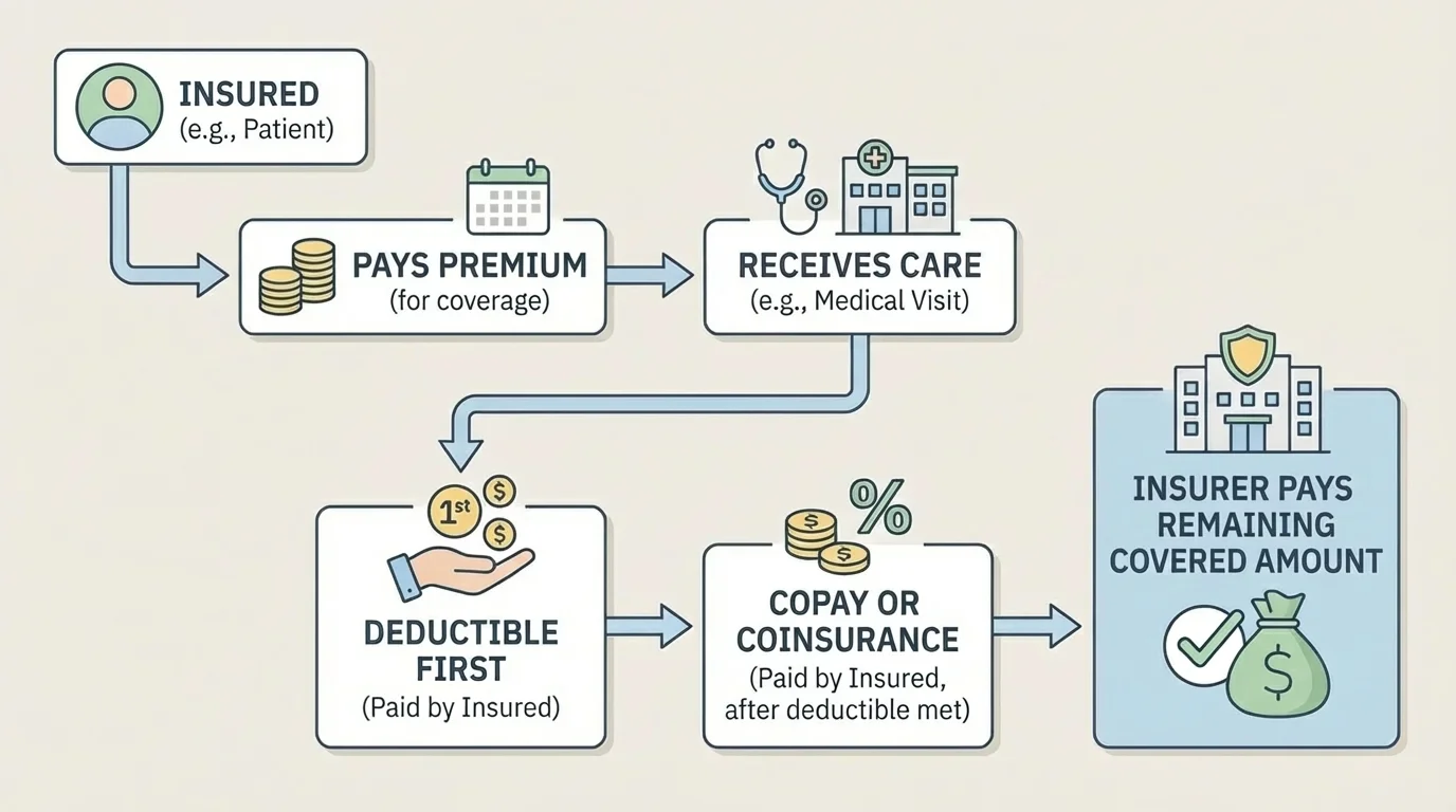 flowchart showing a patient receiving care, paying premium to keep coverage, then deductible first, then copay or coinsurance, with insurer paying the remaining covered amount