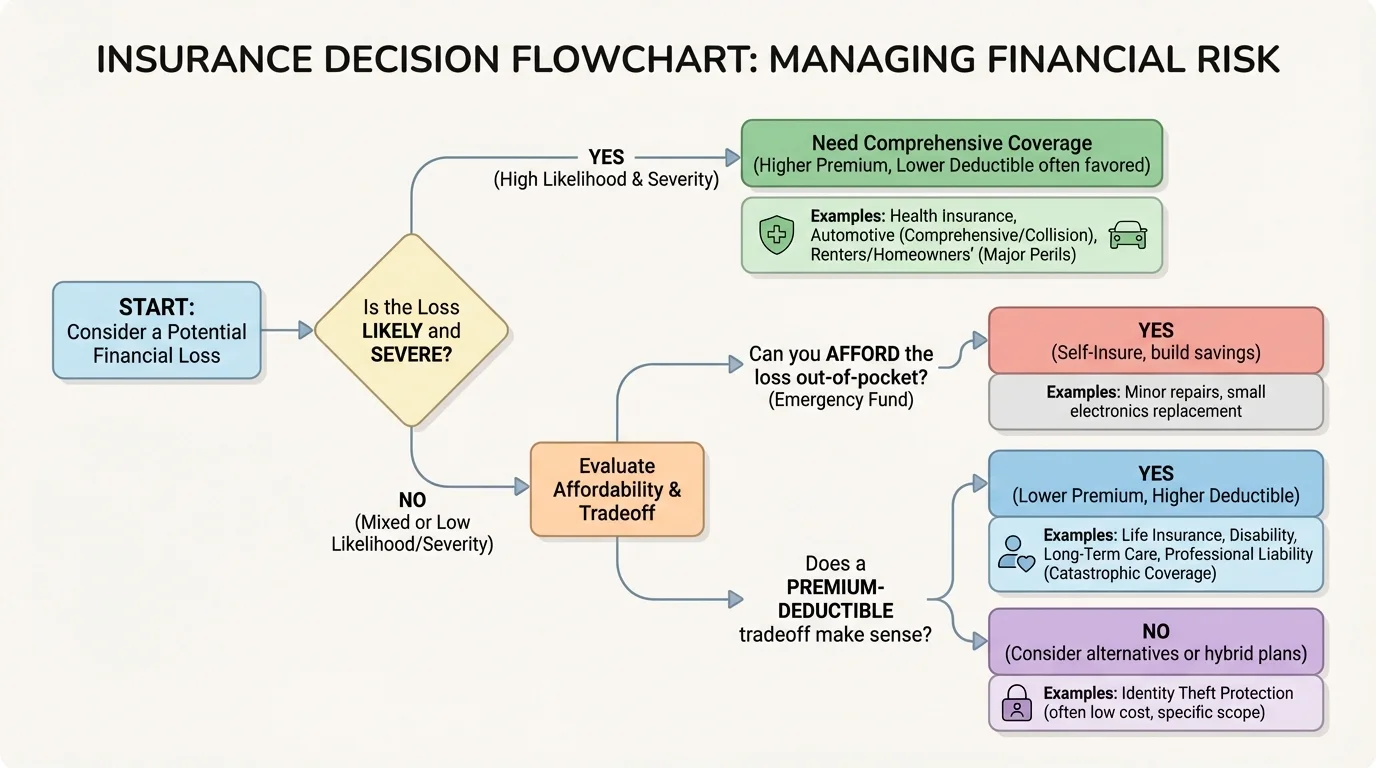 flowchart for choosing insurance based on whether a loss is likely or severe, whether the person could afford the loss out of pocket, and whether a premium-deductible tradeoff makes sense