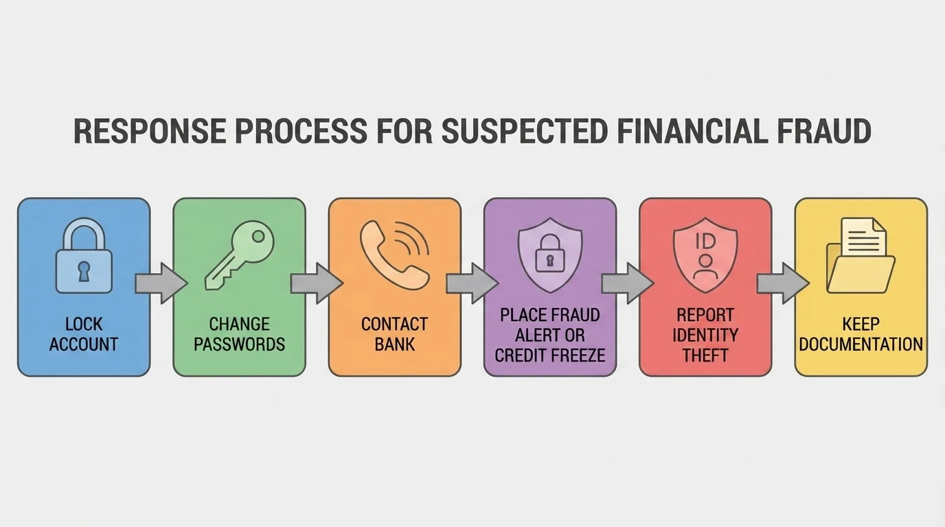 response process after suspected fraud with boxes for lock account, change passwords, contact bank, place fraud alert or credit freeze, report identity theft, and keep documentation