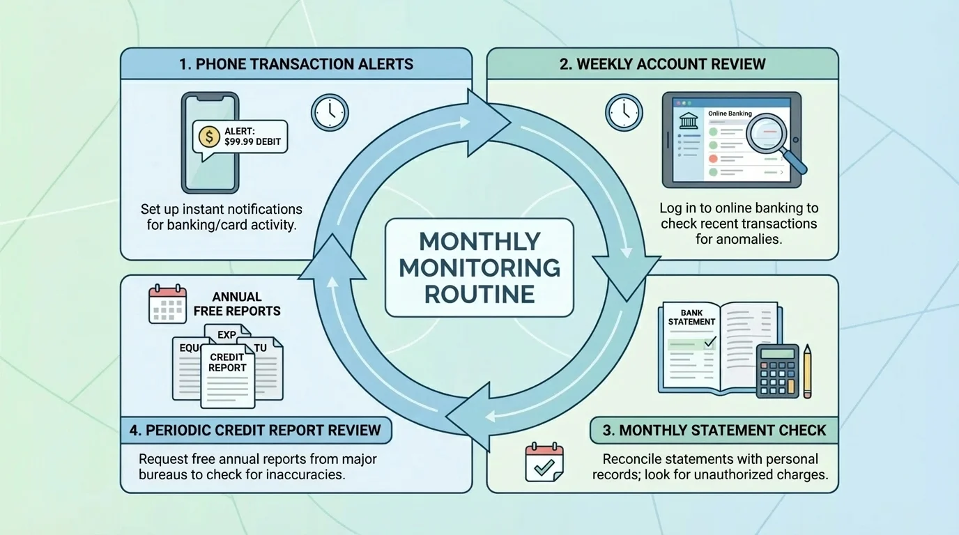 monthly monitoring routine with phone transaction alerts, weekly account review, monthly statement check, and periodic credit report review connected in a cycle