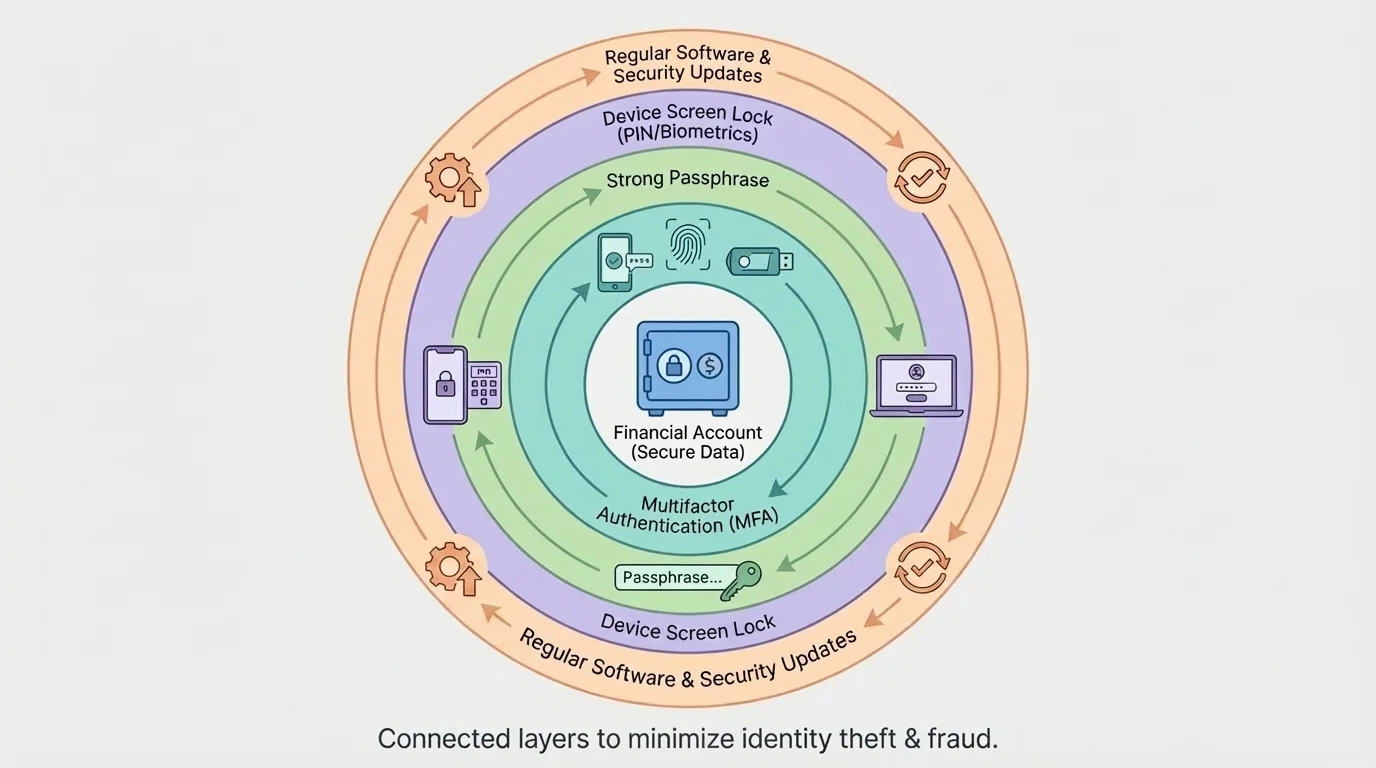 layered login protection showing passphrase, multifactor authentication, device screen lock, and software updates as connected security layers around a financial account