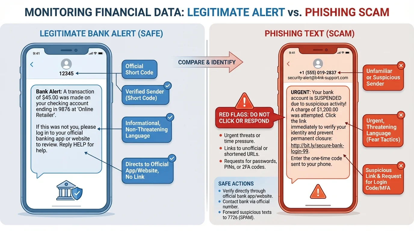 side-by-side comparison of a legitimate bank alert and a phishing text, highlighting urgent threat language, odd sender address, suspicious link, and request for login code