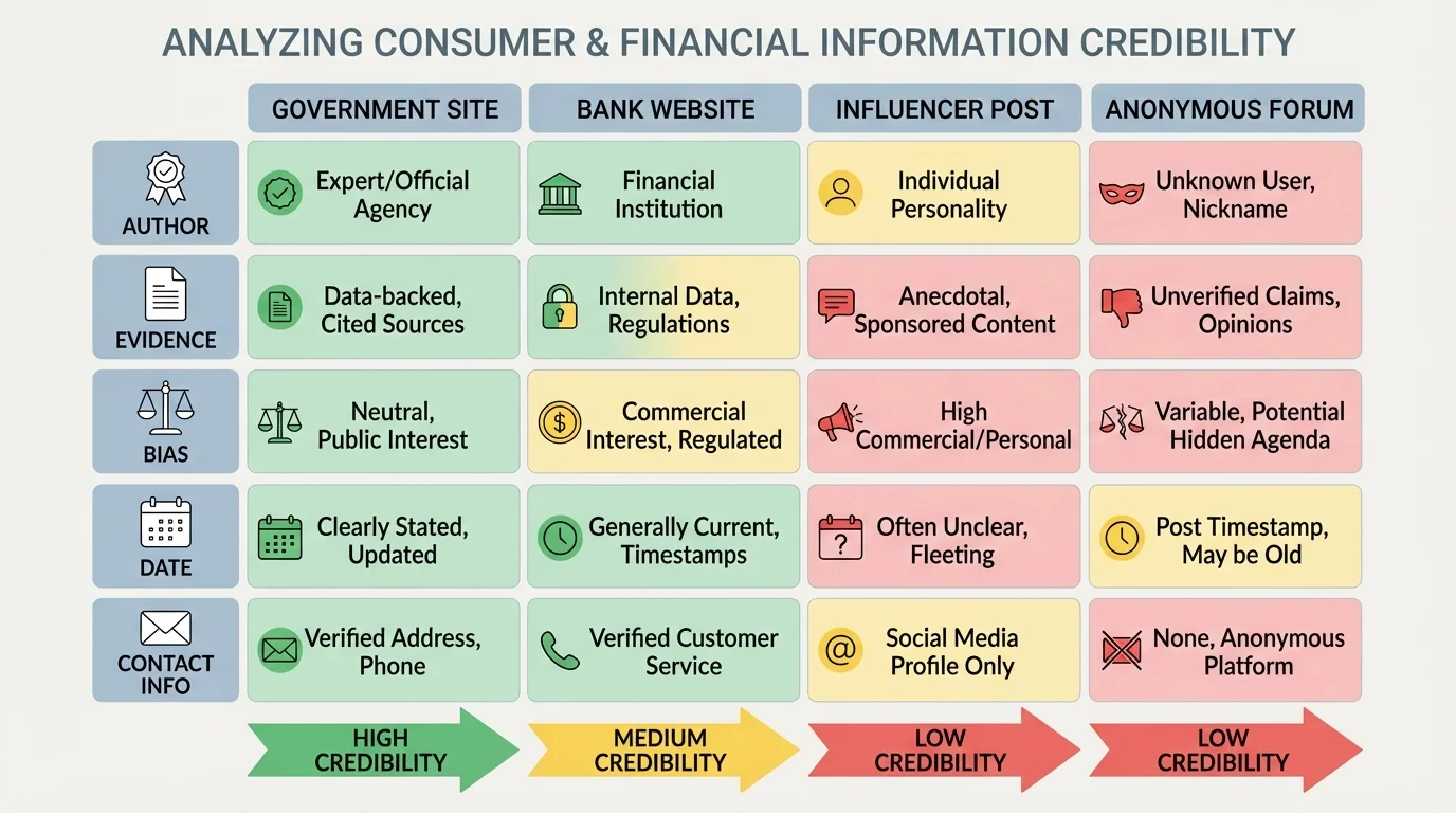 Chart comparing government site, bank website, influencer post, and anonymous forum for credibility signals such as author, evidence, bias, date, and contact information