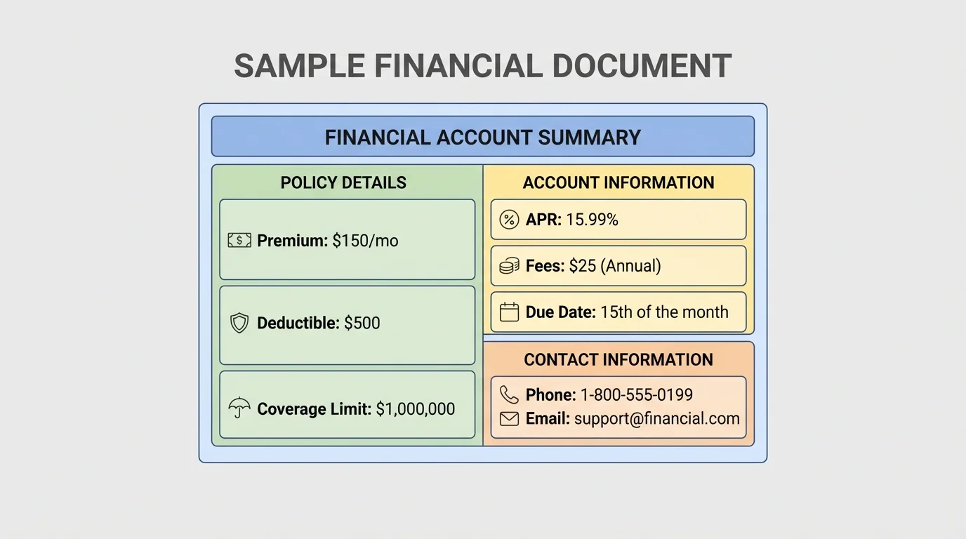 Diagram of a sample financial document with key parts labeled such as premium, deductible, coverage limit, APR, fees, due date, and contact information